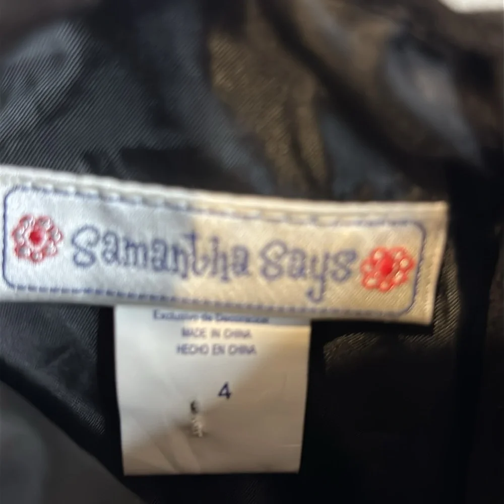 Samantha Says Black Velvet Dress 100% Cotton white satin sash Size 4